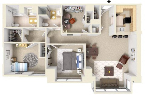 Floor plan for 2 beds, 2 baths, 1336 sqft